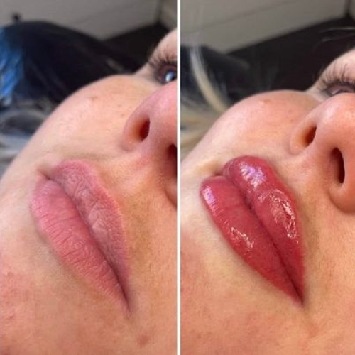 Permanent makeup læber før/efter i skønhedssalon i Gudbjerg